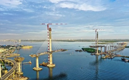 <p><strong>CEBU-CORDOVA BRIDGE</strong>. This undated photo shows the two main bridge pylons of the 8.5-kilometer Cebu-Cordova Link Expressway (CCLEX) which have been completed. This PHP30-billion bridge is projected to boost economic activity in Metro Cebu’s south area and to bring economic opportunities to the coastal town of Cordova located on Mactan Island. <em>(Photo courtesy of CCLEC)</em></p>