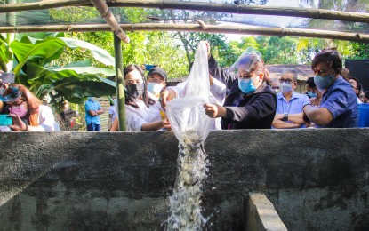 <p><strong>NEW LIVELIHOOD. </strong>The Department of Agriculture-Bureau of Fisheries and Aquatic Resources (DA-BFAR) kicks-off its aquaculture project in Quezon City on Friday (Feb. 19, 2021). DA Undersecretary Cheryl Caballero and Quezon City Mayor Joy Belmonte dropped off tilapia fingerlings to a pig pen that was converted into a fish pen when it was affected by the African swine fever. (<em>Photo courtesy of DA-BFAR) </em></p>