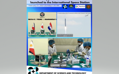 <p><strong>MAYA-2 LAUNCHED.</strong> The Philippines’ nanosatellite, Maya-2, was successfully launched to the International Space Station through the S.S. Katherine Johnson Cynus spacecraft at 1:36 a.m. (PH time) on Sunday (Feb. 21, 2021). A team of Filipino engineers developed the Maya-2. <em>(Image courtesy of DOST Secretary Fortunato de la Peña)</em></p>