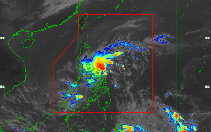 <p><strong>WEATHER DISTURBANCE</strong>. Satellite image shows the location of the center of Tropical Depression Auring on Monday (Feb. 22, 2021). At least 1,141 passengers and 14 trucks were stranded in three ports in Bicol due to the weather disturbance, a report from the Philippine Ports Authority (PPA) said. <em>(Image courtesy of PAGASA)</em></p>