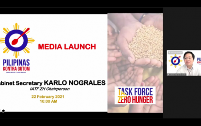 <p><strong>PILIPINAS KONTRA GUTOM</strong>. Cabinet Secretary Karlo Nograles, Task Force Zero Hunger chairman, delivers his remark during the virtual media launch of the Pilipinas Kontra Gutom (PKG) on Monday (Feb. 22, 2022). PKG is a national and multi-sectoral anti-hunger movement where government and private sector partners shall work together on various programs with a common goal: 1 million fewer hunger Filipinos by 2022.<em> (Screengrab)</em></p>