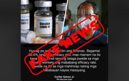 <p><strong>UNTRUE.</strong> The National Task Force Against Covid-19 (NTF) issues statement on Tuesday (Feb. 23), clarifying that a remark attributed to National Policy Against Covid-19 chief implementer and vaccine czar Carlito Galvez Jr. is “untrue.” The task force urged the public to refrain from sharing this fake social media card as it will sow confusion, distrust, and fear as the government prepares for the rollout of vaccination program against Covid-19. <em>(Contributed photo)</em></p>