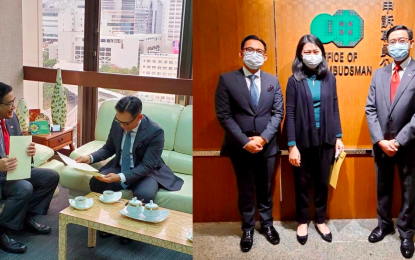 <p><strong>JOINT DEMARCHE.</strong> (Left photo) Philippine Consul General to Hong Kong Raly Tejada (left) and Indonesian Consul General Ricky Suhendar (right) sign a joint demarche to the Office of the Ombudsman of Hong Kong on issues related to boarding facilities for Foreign Domestic Helpers. (Right photo) Consul General Tejada (right) with Assistant Ombudsman Sara Tse (middle) and Consul General Suhendar (left) at the Office of the Ombudsman of Hong Kong.<em> (Hong Kong PCG photos)</em></p>