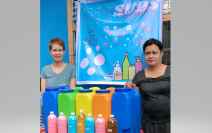 <p><strong>BUSINESS AMID PANDEMIC.</strong> Flight attendant Rochelle Sañano-Cabardo (left) opens Suds Station, a soap refill business, early February this year. Cabardo said pandemic forced her family to return from Dubai after she lost her job. Her cousin Annaliza Batas (right) helps manage her store. <em>(Contributed photo)</em></p>
