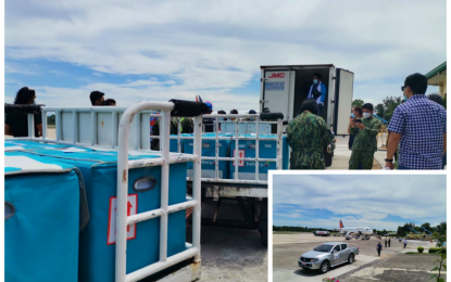 <p><strong>READY FOR ROLLOUT</strong>. Regional health officials, together with police and military escorts, double-check the arrival of boxes with 17, 940 Sinovac vaccines on Friday morning (March 5, 2021) at the Awang airport, (inset) in Datu Odin Sinsuat, Maguindanao. The vaccines are intended for 8,967 health workers at Covid-19 referral hospitals in Region 12. <em>(Photo by PNA Cotabato)</em></p>