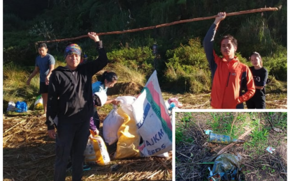 <p><strong>CLEANUP DRIVE</strong>. Environmentalists gather trash left by irresponsible mountain climbers on top of the country’s highest peak -- Mt. Apo. A weekend climb led to the collection of 200 kilos of garbage (inset), mostly empty plastic water bottles, and other non-biodegradable items.<em> (Photos courtesy of Karl Tanaid and King Bacamante)</em></p>