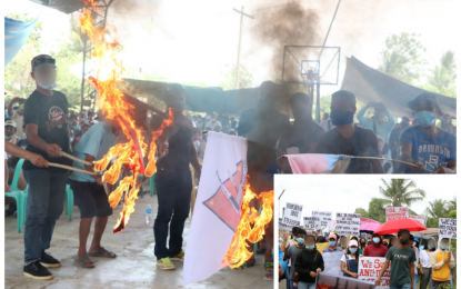 <p><strong>DENOUNCING THE NPA.</strong> Former rebels and mass base supporters of the New People's Army (NPA) set ablaze rebel flags as they declare the group as persona non grata in Barangay Luz, M’lang, North Cotabato on Monday (March 8, 2021). The villagers (inset) also joined a peace rally aimed at making their village free from the influence of the armed terrorists<em>. (Photo courtesy of 6ID, Philippine Army)</em></p>
