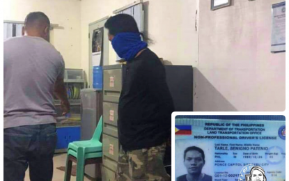 <p><strong>EXTORTION ATTEMPT.</strong> Extortion suspect Benigno Tarle (in handcuffs) tries to hide his face from the camera following his arrest in an entrapment operation in Cotabato City on Tuesday (March 9, 2021). The suspect, whose ID (inset) shows he is a resident of Cebu City, was collared after attempting to mulct PHP30,000 from a restaurant owner.<em> (Photos courtesy of Cotabato CIO)</em></p>