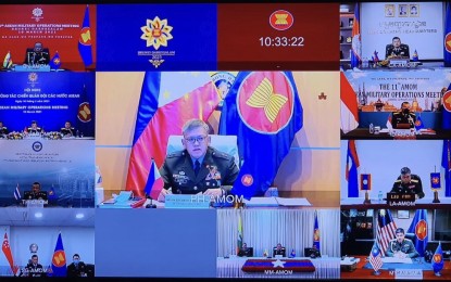<p><strong>INCREASED MARITIME PATROLS.</strong> AFP deputy chief-of-staff for operations, Maj. Gen. Edgardo de Leon (center frame) speaks during the virtual 11th Asean Military Operations Meeting on Wednesday (March 10, 2021). During the meeting, de Leon encouraged Asean military officials to sustain collaboration and called for an increase in maritime patrol operations. <em>(Photo courtesy of the AFP Office of the Deputy Chief of Staff for Operations)</em></p>