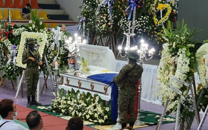 <p><strong>FINAL JOURNEY.</strong> Philippine Army soldiers stand guard at the wake of Mayor Ronaldo Aquino at the Calbayog City Sports Center on Sunday (March 14, 2021). Aquino and five others were killed in an alleged shootout on March 8. <em>(Photo courtesy of Calbayog-PIO)</em></p>
