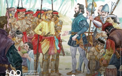 <p><strong>QUINCENTENNIAL.</strong> The "First Contact" between the crew of Ferdinand Magellan and locals in Guiuan, Eastern Samar as illustrated by artist Derrick Macutay. The National Historical Commission of the Philippines will unveil on Tuesday (March 16, 2021) the first of the 34 historical markers in Guiuan, Eastern Samar, to celebrate the 500th anniversary of the first circumnavigation of the world.<em> (Photo courtesy of NHCP)</em></p>