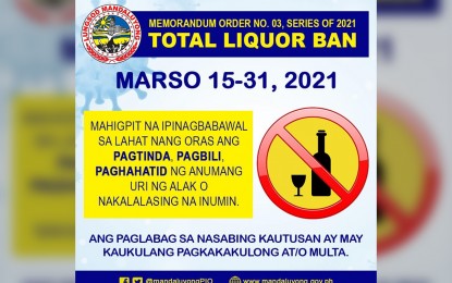 <p style="margin: 0cm 0cm 7.9pt 0cm;"><strong><span style="font-size: 10.5pt; font-family: 'Segoe UI',sans-serif; color: black; background: white;">LIQUOR BAN.</span></strong><span style="font-size: 10.5pt; font-family: 'Segoe UI',sans-serif; color: black; background: white;"><span style="font-variant-ligatures: normal; font-variant-caps: normal; orphans: 2; text-align: start; widows: 2; -webkit-text-stroke-width: 0px; text-decoration-thickness: initial; text-decoration-style: initial; text-decoration-color: initial; float: none; word-spacing: 0px;"> Mandaluyong Mayor Carmelita Abalos prohibits consumption, selling, serving, and/or delivery of alcohol, wine, beer, liquor, and other intoxicating beverages from March 15 to 31. San Juan Mayor Francis Zamora imposed the same order. </span><em style="box-sizing: border-box; font-variant-ligatures: normal; font-variant-caps: normal; orphans: 2; text-align: start; widows: 2; -webkit-text-stroke-width: 0px; text-decoration-thickness: initial; text-decoration-style: initial; text-decoration-color: initial; word-spacing: 0px;"><span style="font-family: 'Segoe UI',sans-serif;">(Photo courtesy of Mandaluyong-PIO)</span></em></span></p>