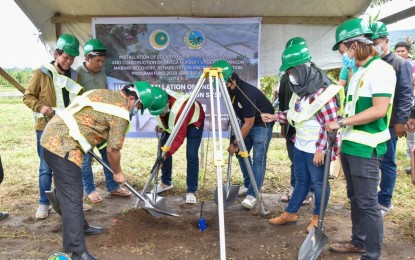 <p><strong>SOLAR IRRIGATION SYSTEM</strong>. Minister of Agriculture, Fisheries, and Agrarian Reform (MAFAR) Dr. Mohammad Yacob (left), MAFAR Deputy Minister Ammal Solaiman, representatives of Task Force Bangon Marawi (TFBM) and the Greenergy Corporation lead the groundbreaking ceremony for the PHP10-million solar-powered irrigation system in Butig, Lanao Del Sur on March 12, 2021. The project is expected to irrigate some 40 hectares of rain-fed farmlands after its completion<em>. (Photo courtesy of BIO – BARMM)</em></p>