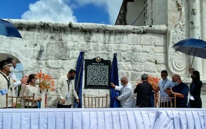<p><strong>CULTURAL TREASURE</strong>. Government and church officials lead the unveiling of the Guiuan Church marker in Guiuan, Eastern Samar on Thursday (March 18, 2021). The historical marker recognizes the role of the Guiuan Church in Eastern Samar as a “National Cultural Treasure” in the first circumnavigation of the world. <em>(Photo courtesy of St. Mary's Academy of Guiuan)</em></p>