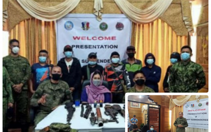 <p><strong>SURRENDER.</strong> Military and town officials of Pikit, North Cotabato presented to the media the seven BIFF members who surrendered on Thursday (March 18, 2021). Brig. Gen. Roberto Capulong (inset), commander of the 602nd Infantry Brigade, also inspected the firearms yielded by the surrendering BIFF batch. <em>(Photos courtesy of 602Bde)</em></p>