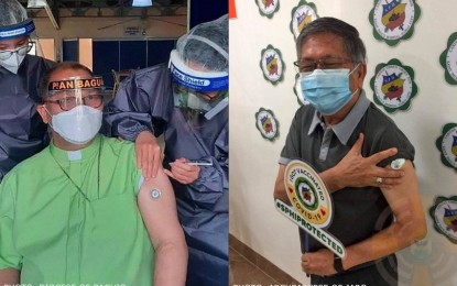 <p><strong>INOCULATED.</strong> Bishop Victor Bendico of Baguio (Left) and Archbishop Jose Romeo Lazo of Jaro have received the first dose of vaccine against coronavirus. Bendico got his jab on Friday  (March 19, 2021) while Lazo was inoculated on March 15. <em>(Photos from CBCP News Facebook page) </em></p>