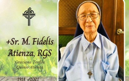 <p><strong>BLESS HER SOUL.</strong> Sr. Fidelis Atienza, a nun for 66 years and creator of Baguio’s popular Good Shepherd <em>ube</em> jam, passed away on Saturday (March 20, 2021) at 102 years. Her wake at the Good Shepherd Convent on Aurora Boulevard, Quezon City will be a private affair. <em>(Photo courtesy of the Religious of the Good Shepherd Facebook)</em></p>