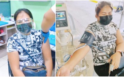 <p><strong>MILD ADVERSE EVENTS</strong>. Left photo shows Rose Elaine Abalo, a nurse at the Vicente Sotto Memorial Medical Center, during her inoculation with the AstraZeneca vaccine on March 20, 2021. Right photo shows Abalo during her post-vaccination monitoring some 30 minutes later. <em>(Photos courtesy of Elaine Abalo)</em></p>