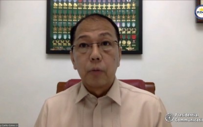 <p><strong>VACCINE ARRIVAL.</strong> National Task Force (NTF) Against Covid-19 chief implementer and vaccine czar, Secretary Carlito Galvez Jr., speaks at the virtual public briefing with President Rodrigo Duterte on Monday night (March 22, 2021). Galvez said more than 2.3 million doses of the Covid-19 vaccine are slated to arrive in the end week of March. <em>(Screengrab)</em></p>