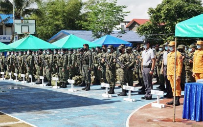 <p><strong>ANTI-'REDS'</strong>. Uniformed personnel during the send-off ceremony in Catarman, Northern Samar on Monday (March 22, 2021). Nine towns in Northern Samar have been identified as priority areas for the deployment of teams tasked to combat the decades-old insurgency in the province. <em>(Photo courtesy of Northern Samar provincial government)</em></p>