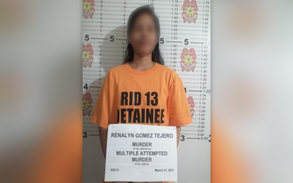 <p><strong>MORE CHARGES.</strong> The Police Regional Office in Caraga says more arrest warrants were served against Renalyn G. Tejero, the alleged top underground youth leader in the area, on Monday (March 22, 2021) for the additional charges of multiple attempted murder and attempted murder. Tejero was arrested in Cagayan de Oro on March 20, 2021. <em>(Photo courtesy of PRO-13 Information Office)</em></p>