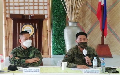 <p><strong>STATE FORCES</strong>. Col. Michael Samson (right), acting commander of the Philippine Army’s 303rd Infantry Brigade based in Murcia, Negros Occidental, with Col. Romy Palgue, director of Negros Occidental Police Provincial Police, in a press conference held at the Capitol Social Hall in Bacolod City on Monday (March 29, 2021). Samson said “fighting the state is futile,” and that the communist-terrorists will “never win against the legitimate forces of the government”.<em> (PNA photo by Nanette L. Guadalquiver)</em></p>