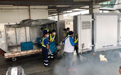 <p><strong>CORONAVIRUS VACCINE</strong>. A Davao International Airport (DIA) personnel transfers the boxes containing 7,200 doses of Sinovac vaccines to the reefer van to be transported to the Department of Health in Region 11 (DOH-11) storage facility on Tuesday (March 30, 2021). The vaccines will be allocated to more health workers in the Davao Region. <em>(Photo courtesy of Edith Isidro)</em></p>