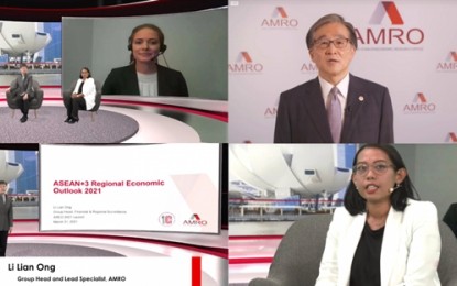<p><strong>ECONOMIC EXPANSION.</strong> Communication expert Glenn van Zutphen, AMRO Group head and lead specialist Li Lian Ong, AMRO economist and AREO lead author Marthe Hinojales, AMRO economist and AREO lead author Anne Oeking, and AMRO director Toshinori Doi gather in the virtual meeting for the report. Asean and some of the bloc's closest trading partners have been forecast to enjoy an economic expansion of 6.7 percent this year and 4.9 percent in 2022.<em> (Photo courtesy of ARMO)</em></p>
