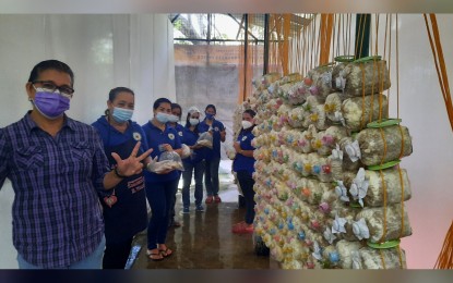 <p><strong>MUSHROOM</strong>. Women staff of the city government of Meycauayan takes charge of growing 'mushroom mother', the first sprout, in the city's mushroom house located at the material recovery facility in Pajo, Meycauayan City, Bulacan. Women are taking the lead in mushroom growing as a potential source of new or additional income during the pandemic.<em> (Photo by Kris Crismundo)</em></p>
<p> </p>