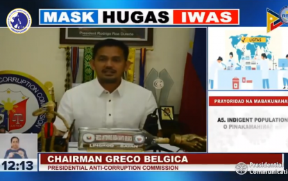 <p><strong>ANTI-CORRUPTION DRIVE</strong>. Newly-installed Presidential Anti-Corruption Commission chairman Greco Belgica vows to fulfill President Rodrigo Duterte’s resolve to be relentless in the fight against corruption during the Laging Handa briefing on Wednesday (March 31, 2021). The PACC launched “Tokhang Laban sa Corruption” campaign to step up the government’s efforts to stop irregularities in all state departments and offices. <em>(Screengrab from PCOO FB page)</em></p>