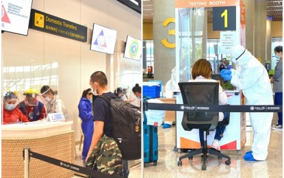 <p><strong>SWAB TEST UPON ARRIVAL</strong>. File photo shows the OWWA help desk (left) and swab test booth (right) at the Mactan-Cebu International Airport. Cebu Governor Gwendolyn Garcia on Wednesday (March 31, 2021) said OFWs and non-OFWs returning home to Cebu will now be required to undergo a swab test upon arrival, and no longer on the fifth day of their isolation in a hotel room.<em> (Photos courtesy of MCIA)</em></p>