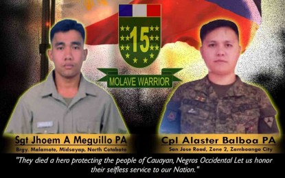 <p><strong>FALLEN TROOPS</strong>. The two soldiers of the Philippine Army’s 15th Infantry Battalion killed in an ambush perpetrated by suspected communist-terrorists in Cauayan, Negros Occidental on Saturday (April 3, 2021). They were given departure honors at Bacolod-Silay Airport on Sunday<em>. (Image courtesy of 3rd Infantry Division, Philippine Army)</em></p>