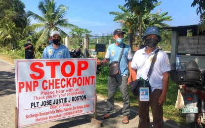 <p><strong>STAY HOME</strong>. Antique implements courtesy lockdown from April 5 to 19, 2021. Checkpoints, such as this one in San Remigio town, are established in all 18 municipalities to discourage people from going out of their towns to help prevent the further spread of coronavirus disease 2019 (Covid-19).<em> (Photo courtesy of San Remigio municipal government)</em></p>