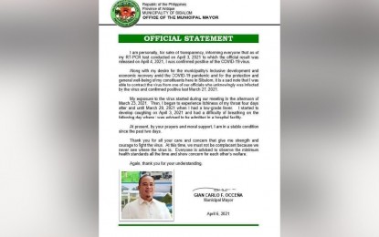 <p><strong>POSITIVE</strong>. Sibalom Municipal Mayor Gian Carlo Occena confirms he is positive for Covid-19 in a statement released on Tuesday (April 6, 2021). He also reminded the public not to be complacent. <em>(Photo courtesy of Sibalom LGU)</em></p>