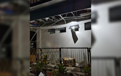 <p><strong>TORNADO DAMAGE</strong>. A portion of the Tacloban Airport passenger terminal building damaged by a tornado on Monday night (April 5, 2021). The tornado that struck the city’s airport here has not affected its operation, the Civil Aviation Authority of the Philippines reported on Tuesday (April 6, 2021). <em>(Photo courtesy of Airward Win)</em></p>