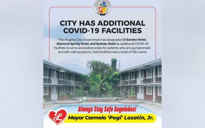 <p><strong>MORE ISOLATION AREAS.</strong> The city government of Angeles in Pampanga on Wednesday (April 7, 2021) named the O Garden Hotel, Diamond Spring Hotel (Annex), and Sydney Hotel as additional Covid-19 isolation hubs for patients who are asymptomatic and with mild symptoms. The facilities have a total of 106 rooms.<em> (Photo courtesy of Angeles City government)</em></p>