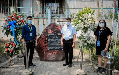 <p><strong>DAY OF VALOR.</strong> Mayor Edwin Santiago (center) leads the wreath-laying ceremony at the Death March marker in the old train station in the City of San Fernando, Pampanga on Friday (April 9, 2021). This is in line with the nation's commemoration of the Araw ng Kagitingan. <em>(Photo by the city government of San Fernando)</em></p>