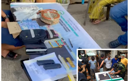 <p><strong>BUSTED</strong>. An anti-narcotics agent accounts for the items seized from the Zainal couple and five other suspects (inset) following separate drug buy-bust operations carried out in Datu Piang, Maguindanao, and Cotabato City on Friday (April 9, 2021). The two anti-drug operations resulted in the seizure of some PHP1.4-million worth of suspected shabu. <em>(Photos courtesy of PDEA-BARMM)</em></p>