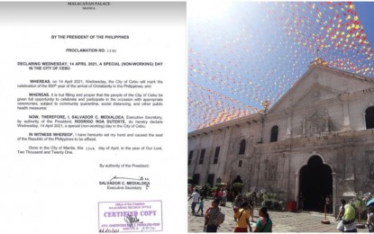 <p><strong>HOLIDAY</strong>. Left photo shows a copy of Proclamation No. 1130 declaring April 14, 2021 a special non-working holiday in Cebu City. Right photo shows the Basilica Minore del Sto. Niño de Cebu which is set to be declared as national cultural treasure after the pontifical Mass on Wednesday afternoon.<em> (PNA photo of the church by John Rey Saavedra)</em></p>