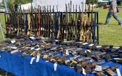 <p><strong>COMMUNISTS' GUNS.</strong> Some 220 assorted firearms previously surrendered by communist New People’s Army guerillas are destroyed in a ceremony at the Police Regional Office's headquarters (PRO-13) in Butuan City on Wednesday (April 14, 2021).  At least 88 former rebels also received government aid during the activity. <em>(Photo courtesy of PIA Agusan del Norte)</em></p>
