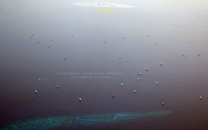 <p><strong>PH PRESENCE AT WPS.</strong> A photo taken on April 11, 2021 shows 136 Chinese maritime militia at the vicinity of Burgos (Gaven) Reef in the West Philippine Sea (WPS). Malacañang said on Wednesday (April 14) said the Philippines has stepped up its presence in the WPS amid China’s incursions into the country’s exclusive economic zone. <em>(NTF-WPS photo)</em></p>