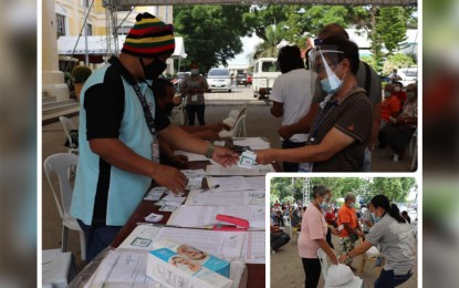 <p><strong>AID TO FARMERS</strong>. Personnel from the Department of Agriculture-12 and the Philippine Coconut Authority-12 distribute cash and food assistance to 166 farmer-beneficiaries at the Kidapawan City hall grounds on Wednesday (April 14, 2021). Aside from PHP3,000 cash each, the beneficiaries (inset) also each received one-half sack of rice and five kilos of dressed chicken during the activity. <em>(Photos courtesy of Kidapawan CIO)</em></p>