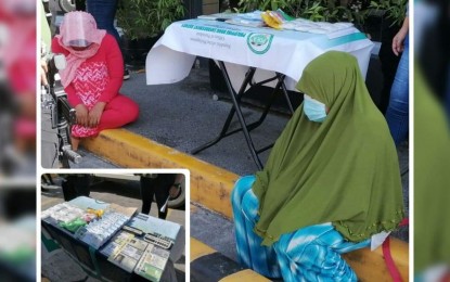 <p><strong>BAGGED</strong>. Two female drug suspects sit on the parking lot of a food chain outlet while PDEA agents account for the suspected shabu seized from them during a drug buy-bust in Cotabato City on Thursday morning (April 15). Confiscated from the duo (inset) were 500 grams of shabu with an estimated street value of PHP3.4 million.<em> (Photos courtesy of DXMS AM Station – Cotabato City)</em></p>