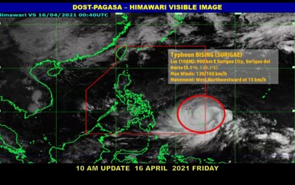 <p>Location of Typhoon Bising as of 10 a.m. Friday (April 16, 2021) <em>(DOST PAGASA image)</em></p>