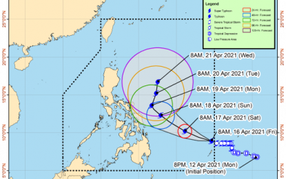 <p><strong>KEEPING AN EYE ON 'BISING'</strong>. The track of Typhoon Bising, based on Severe Weather Bulletin No. 1 issued by the weather bureau at 11 a.m. on Friday (April 16, 2021). “Bising” has entered the Philippine Area of Responsibility and has intensified into a typhoon. <em>(Image from PAGASA website)</em></p>