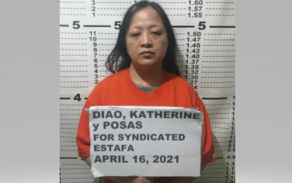 <p><strong>SYNDICATED ESTAFA</strong>. Katherine Posas Diao was arrested by operatives of the Criminal Investigation and Detection Group in Lapu-Lapu City, Cebu on April 16, 2021. Piao is wanted for syndicated estafa. <em>(Photo courtesy of PNP-CIDG)</em></p>