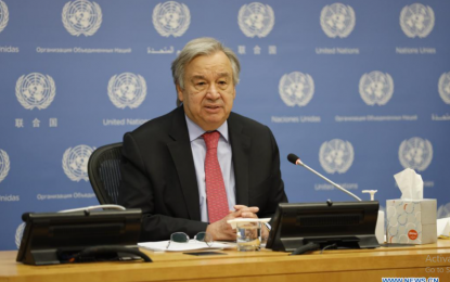 <p><strong>CLIMATE CHANGE.</strong> UN Secretary-General Antonio Guterres attends the joint hybrid press conference to launch the State of the Global Climate in 2020 Report at the UN headquarters in New York on April 19, 2021. Guterres on Monday called for specific commitments and real action to fight climate change after speaking out about the severity of the climatic disruptions that have raged on the planet. <em>(Xinhua/Xie E)</em></p>
