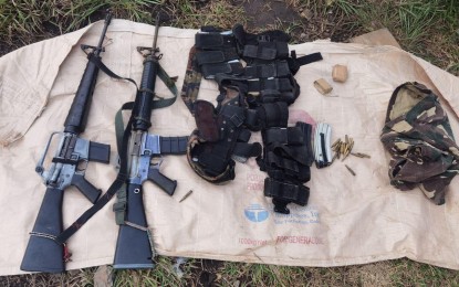 <p><strong>RECOVERED</strong>. Government troops recovered two M-16 rifles, two bandoliers, 12 magazines, ammunition, and personal belongings after an armed encounter on Tuesday (April 20, 2021) with rebels in Sitio Valley farm, Barangay Tigbao in Milagros, Masbate. Capt. John Paul Belleza, 9th Infantry Division (9ID) spokesperson, said the troops fought with at least 10 rebels, after which the enemies withdrew<em>. (Photo courtesy of 9ID)</em></p>