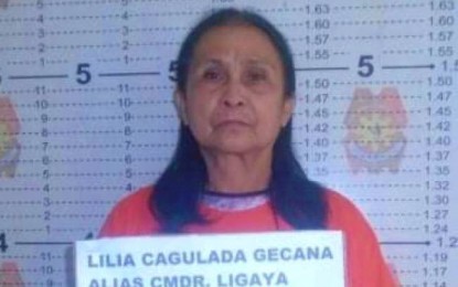 <p><strong>SURRENDER.</strong> The mugshot of Lilia Cagulada Gecana alias Commander Ligaya of the NPA Guerrilla Front 72 and designated chairperson of Gabriela Malabuan Cluster. Gecana has a standing arrest warrant for multiple attempted murder charges. <em>(Photo courtesy of Makilala MPS)</em></p>