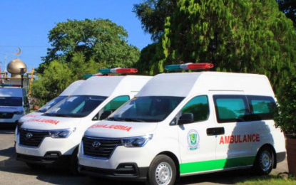 <p><strong>NEW AMBULANCES</strong>. Three of the eight ambulances distributed to seven towns and a hospital in Lanao del Sur on Friday (April 30, 2021). The ambulances are expected to boost emergency health responses in the seven towns that lack ambulance services. <em>(Photo courtesy of MOH-BARMM)</em></p>